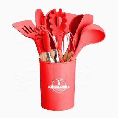 New Arrival  Ins Style Colorful Food Grade Silicone 12pcs Wooden Handle Kitchen Utensil Set with Holder