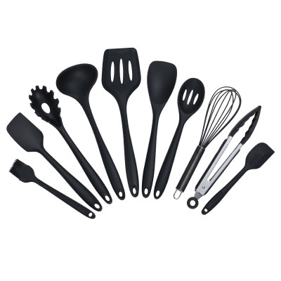 10pcs black Red Food Grade Integrated Silicone Cooking  Utensil Set For Kitchen with Color Box Packing